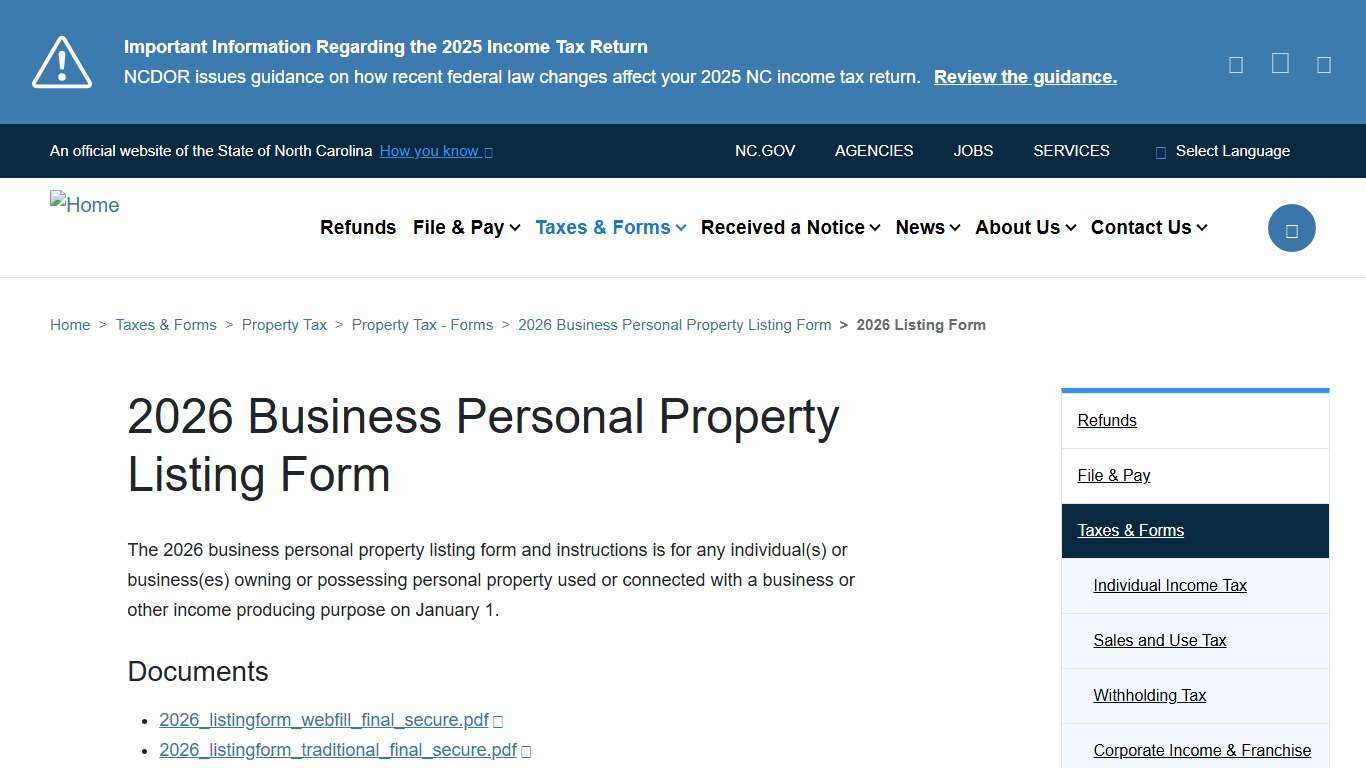 2026 Business Personal Property Listing Form NCDOR